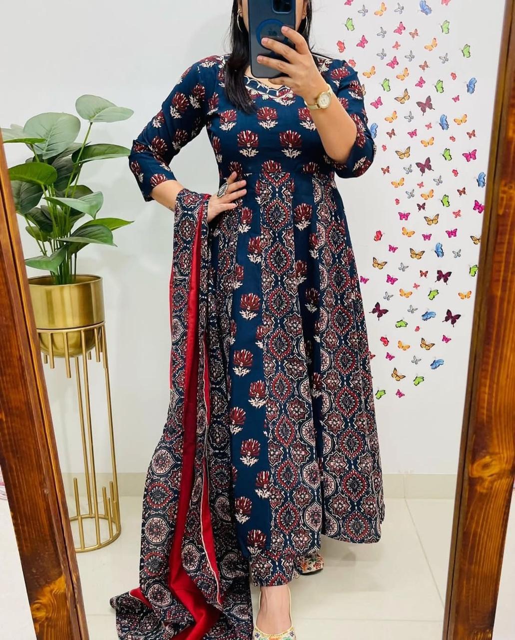 Ajrak Blue Anarkali Dupatta Set Tanvi Kurti Ajrak Blue Anarkali Dupatta Set Tanvi Kurti