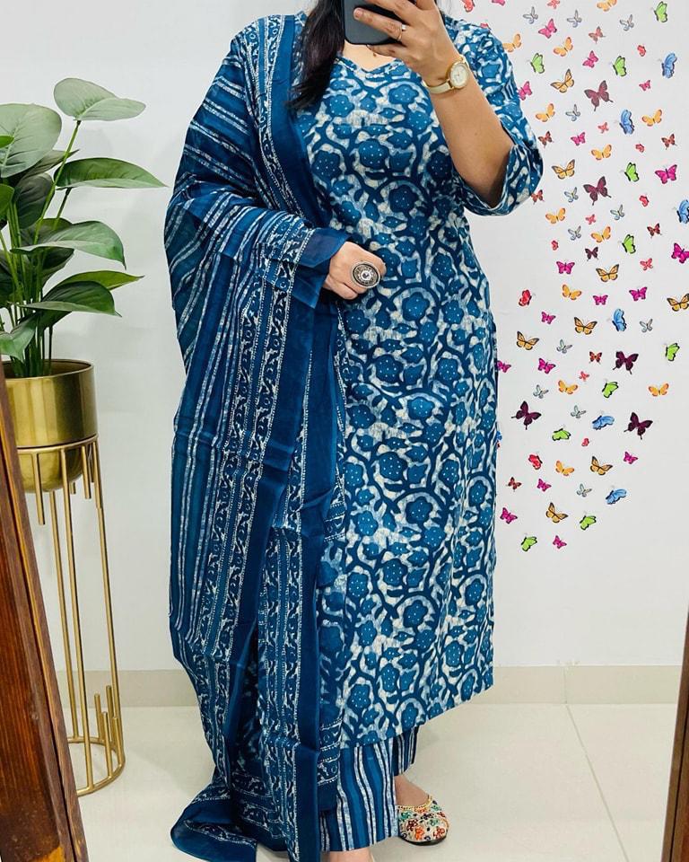 cotton dupatta set, blue dupatta set, tanvi kurti