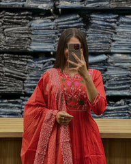 Red Beautiful Anarkali Kurti With Embroidery With Dupatta