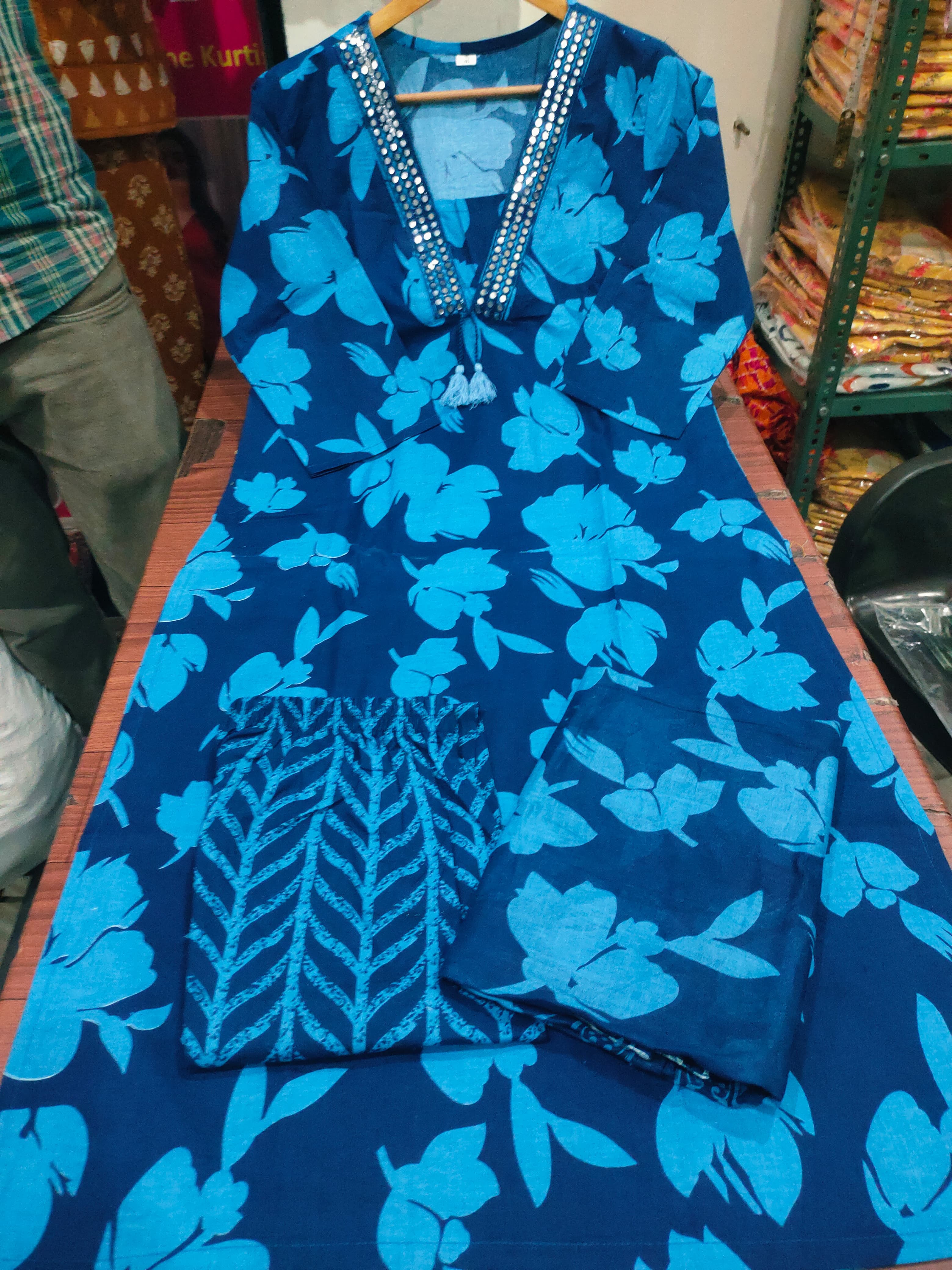 New Designer Blue Floral Cotton Suit Set