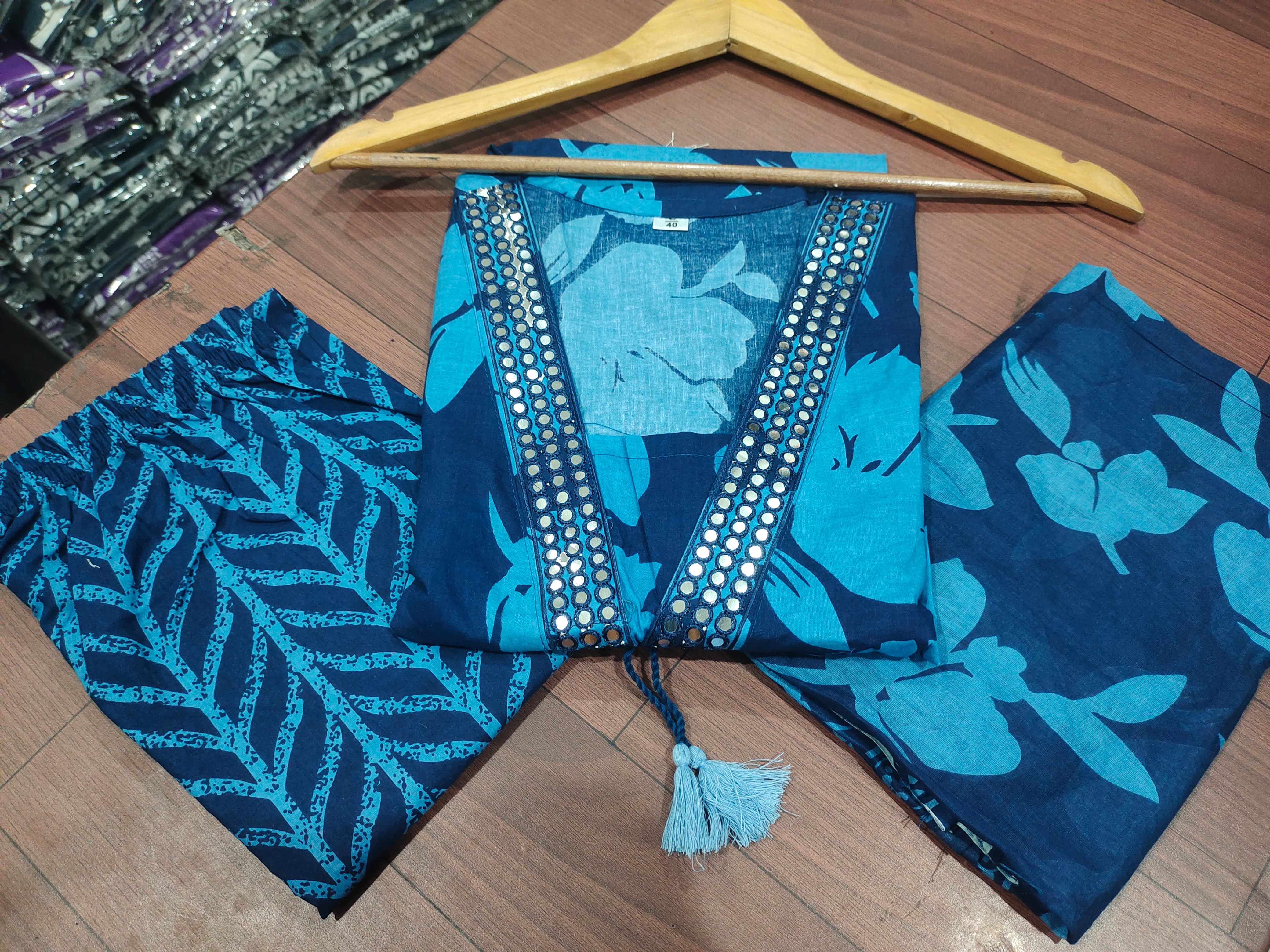 New Designer Blue Floral Cotton Suit Set