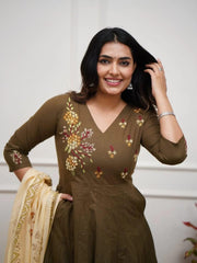 Beautiful Olive Anarkali Dupatta Set