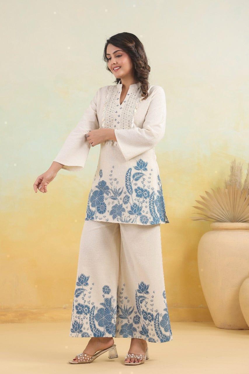 Tanvi Kurti Ivory & Blue Printed Kurti Set with Tassel Detail - Tanvi Kurti