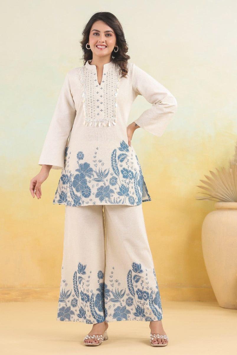 Tanvi Kurti Ivory & Blue Printed Kurti Set with Tassel Detail - Tanvi Kurti