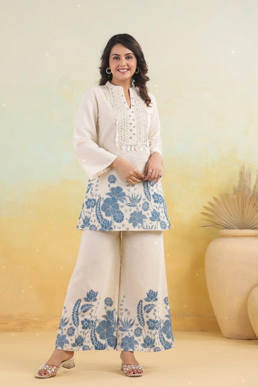 Tanvi Kurti Ivory & Blue Printed Kurti Set with Tassel Detail - Tanvi Kurti