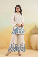 Tanvi Kurti Ivory & Blue Printed Kurti Set with Tassel Detail - Tanvi Kurti