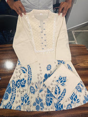 Tanvi Kurti Ivory & Blue Printed Kurti Set with Tassel Detail - Tanvi Kurti