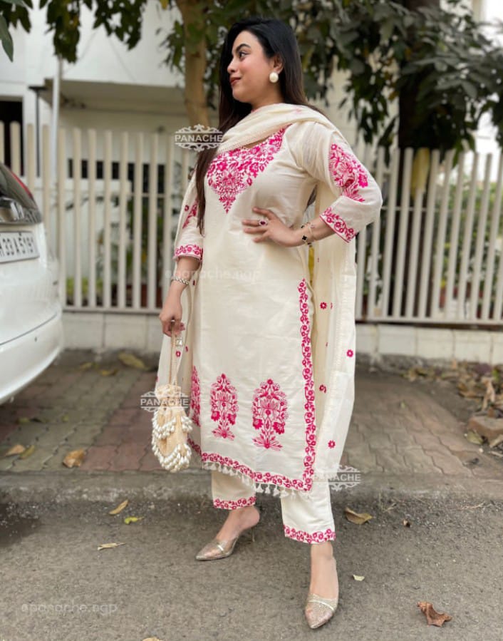 Tanvi Kurti Ivory Floral Embroidered Dupatta Set - Tanvi Kurti