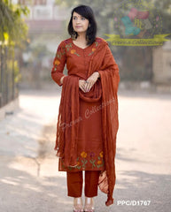 Tanvi Kurti Rust Embroidered Straight Dupatta Set - Tanvi Kurti