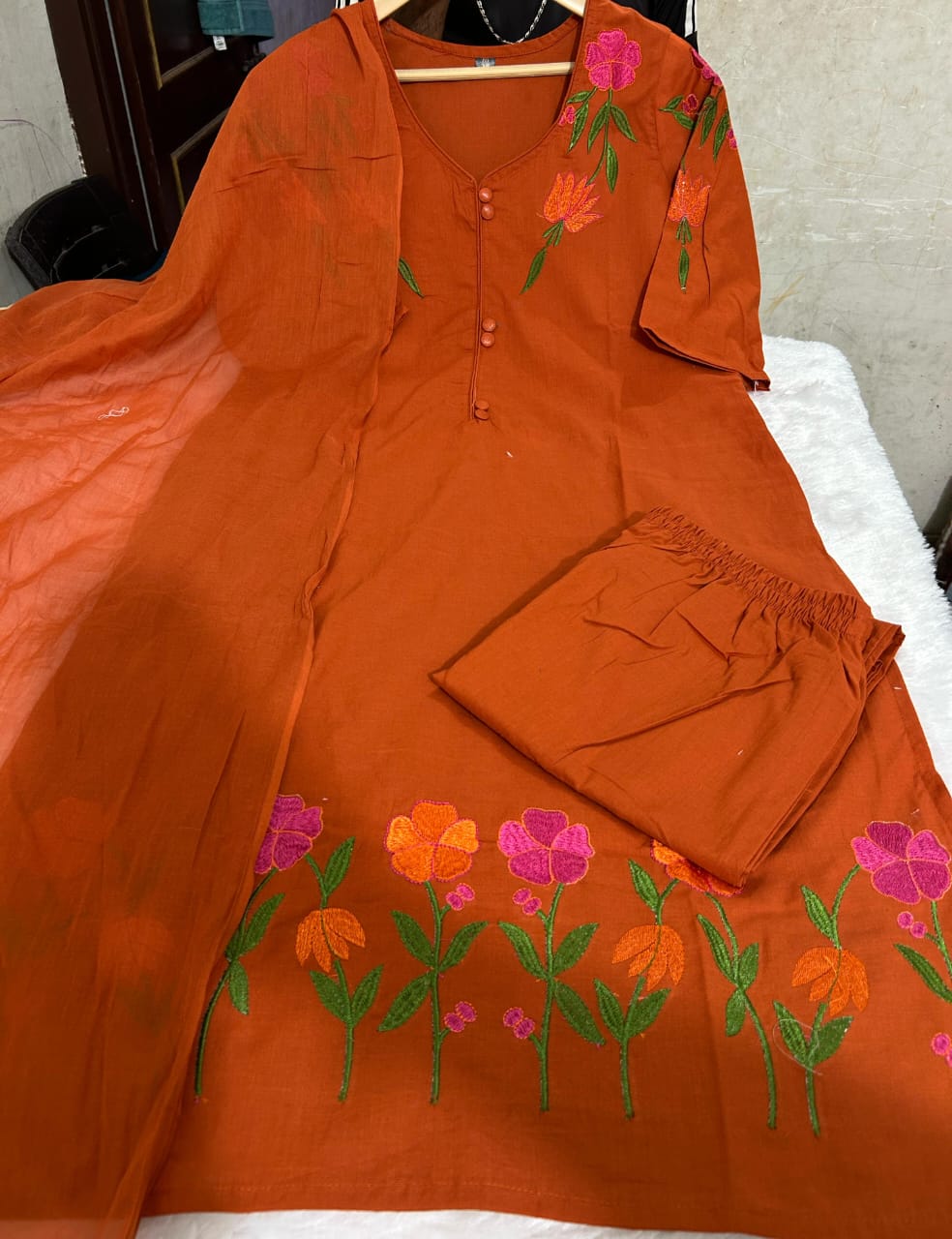 Tanvi Kurti Rust Embroidered Straight Dupatta Set - Tanvi Kurti