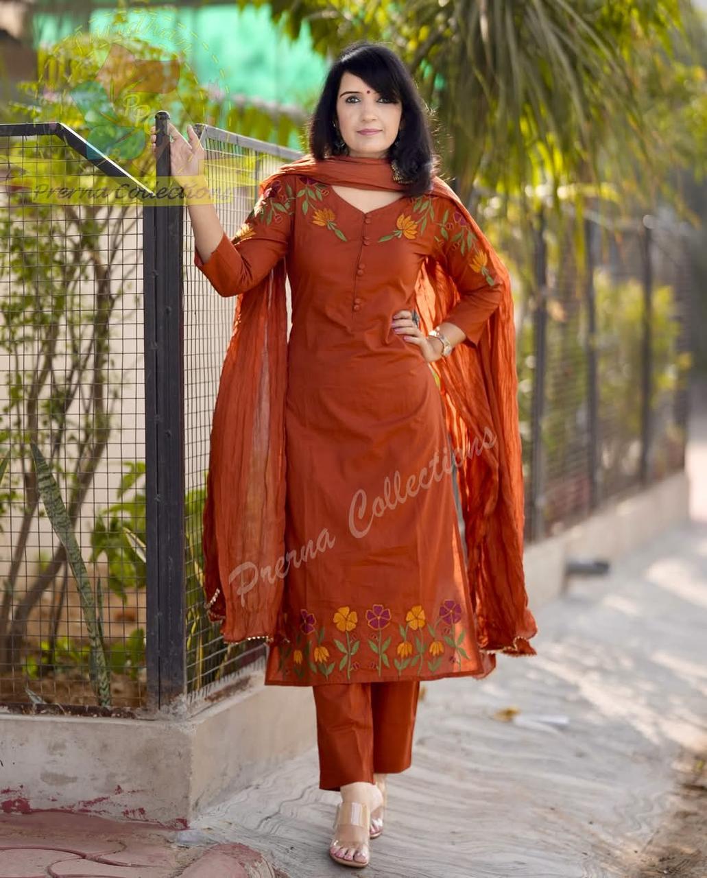 Tanvi Kurti Rust Embroidered Straight Dupatta Set - Tanvi Kurti