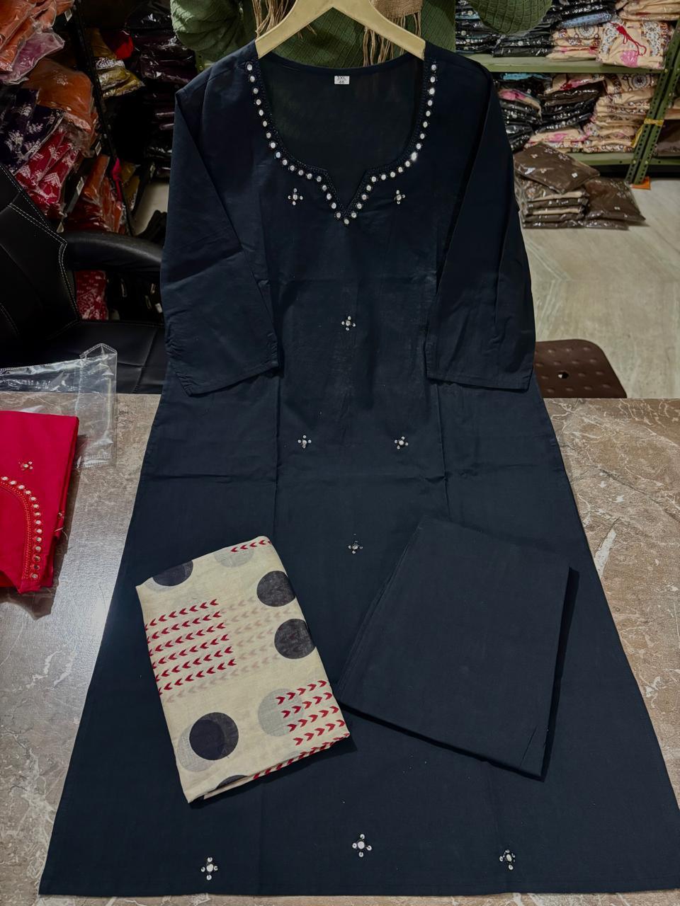 Tanvi Kurti Black Cotton Kurta Dupatta Set - Tanvi Kurti