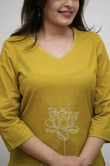 Tanvi kurti Premium Mustard Embroidered Cotton Kurta Pant Set.
