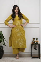 Tanvi kurti Premium Mustard Embroidered Cotton Kurta Pant Set.