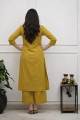 Tanvi kurti Premium Mustard Embroidered Cotton Kurta Pant Set.