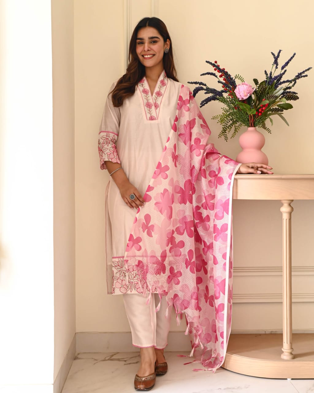 Tanvi Kurti Blush Pink Floral Cotton Dupatta Set - Tanvi Kurti