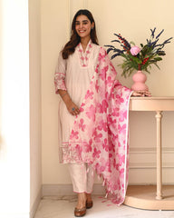Tanvi Kurti Blush Pink Floral Cotton Dupatta Set - Tanvi Kurti