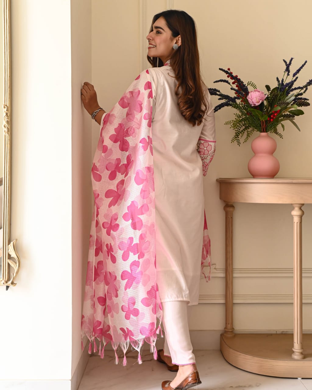 Tanvi Kurti Blush Pink Floral Cotton Dupatta Set - Tanvi Kurti