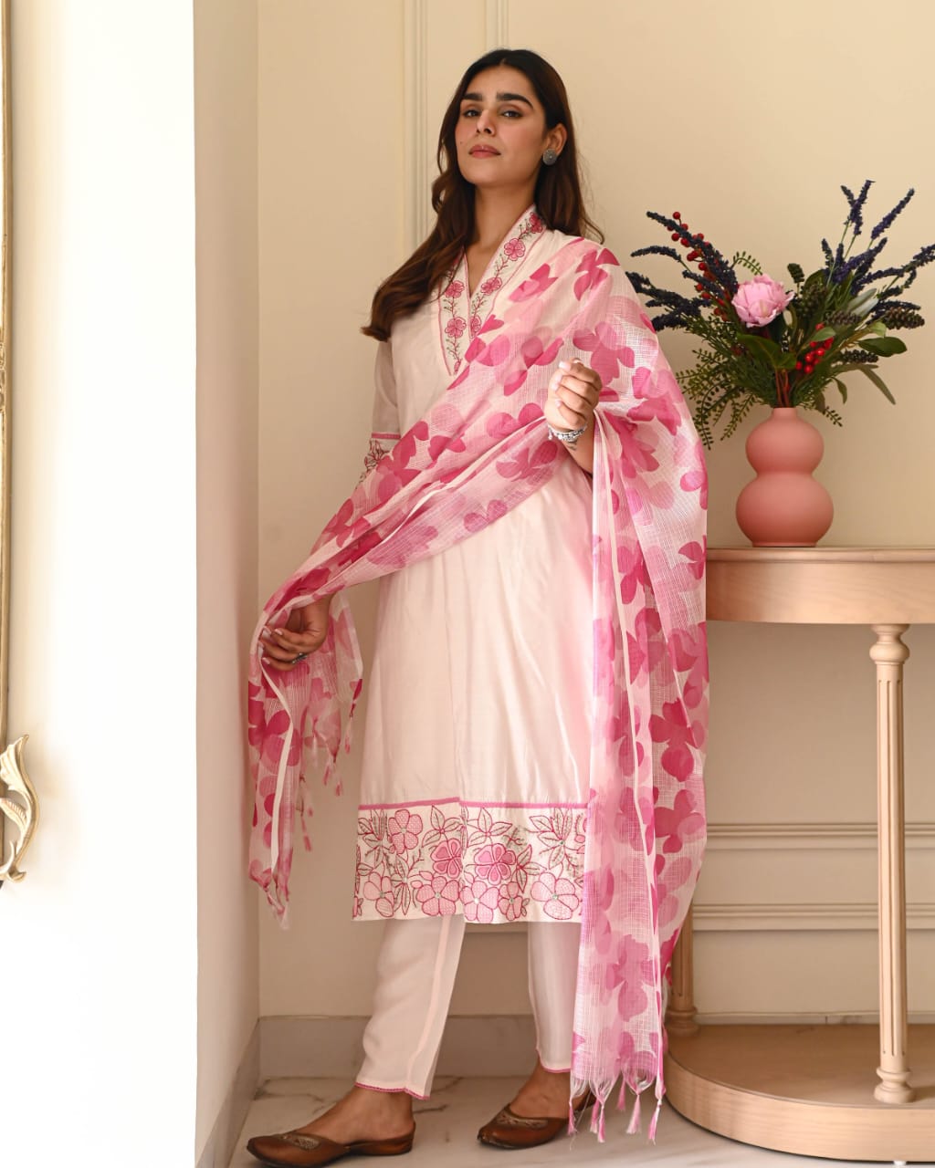 Tanvi Kurti Blush Pink Floral Cotton Dupatta Set - Tanvi Kurti