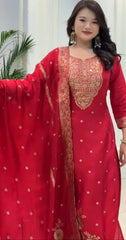 Tanvi Kurti Red Embroidered Straight-Cut Salwar Suit with Dupatta