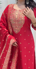 Tanvi Kurti Red Embroidered Straight-Cut Salwar Suit with Dupatta