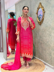 Tanvi Kurti Hot Pink Heavy Embroidered Straight Kurta Set with Dupatta