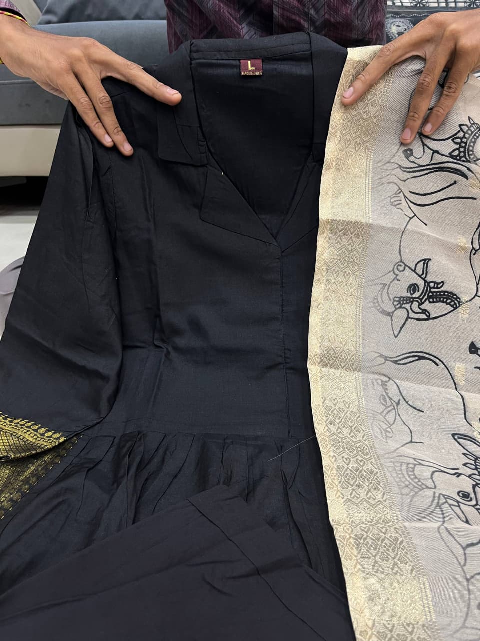 Tanvi Kurti Black Cotton Silk Saree with Kalamkari Print Pallu Dupatta Set - Tanvi Kurti