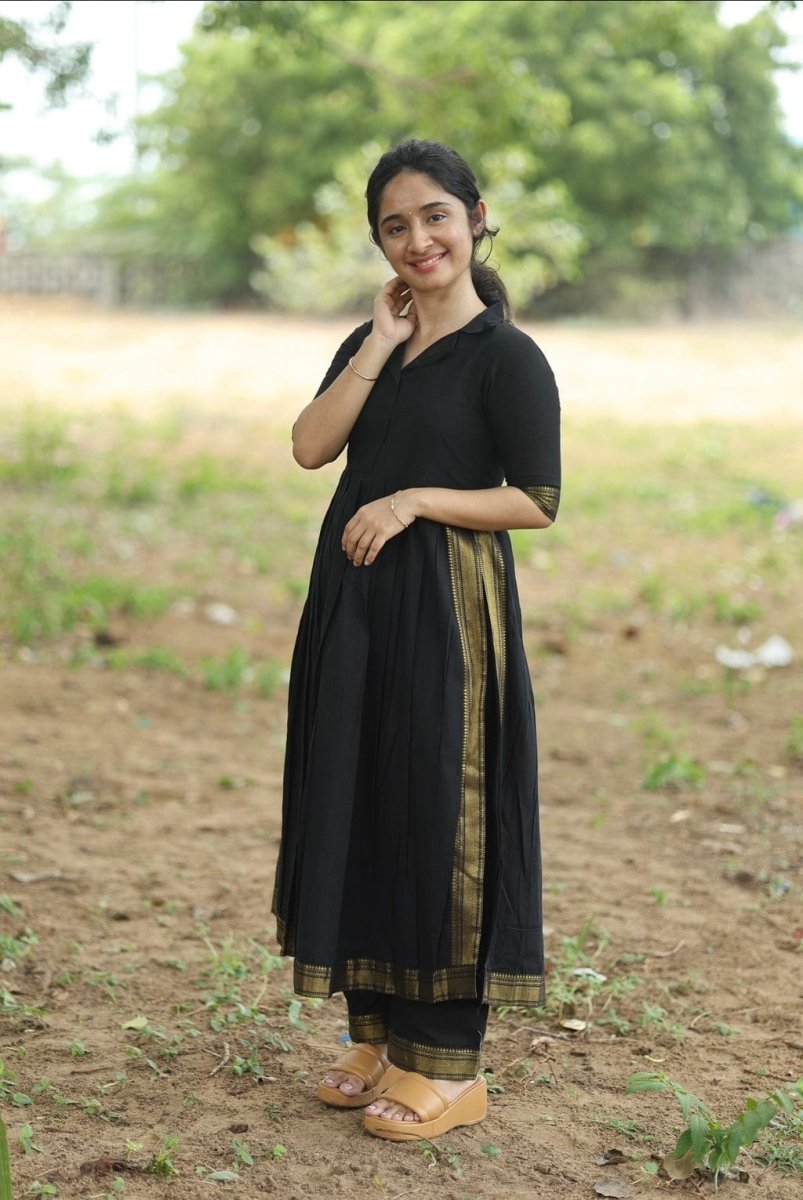 Tanvi Kurti Black Cotton Silk Saree with Kalamkari Print Pallu Dupatta Set - Tanvi Kurti