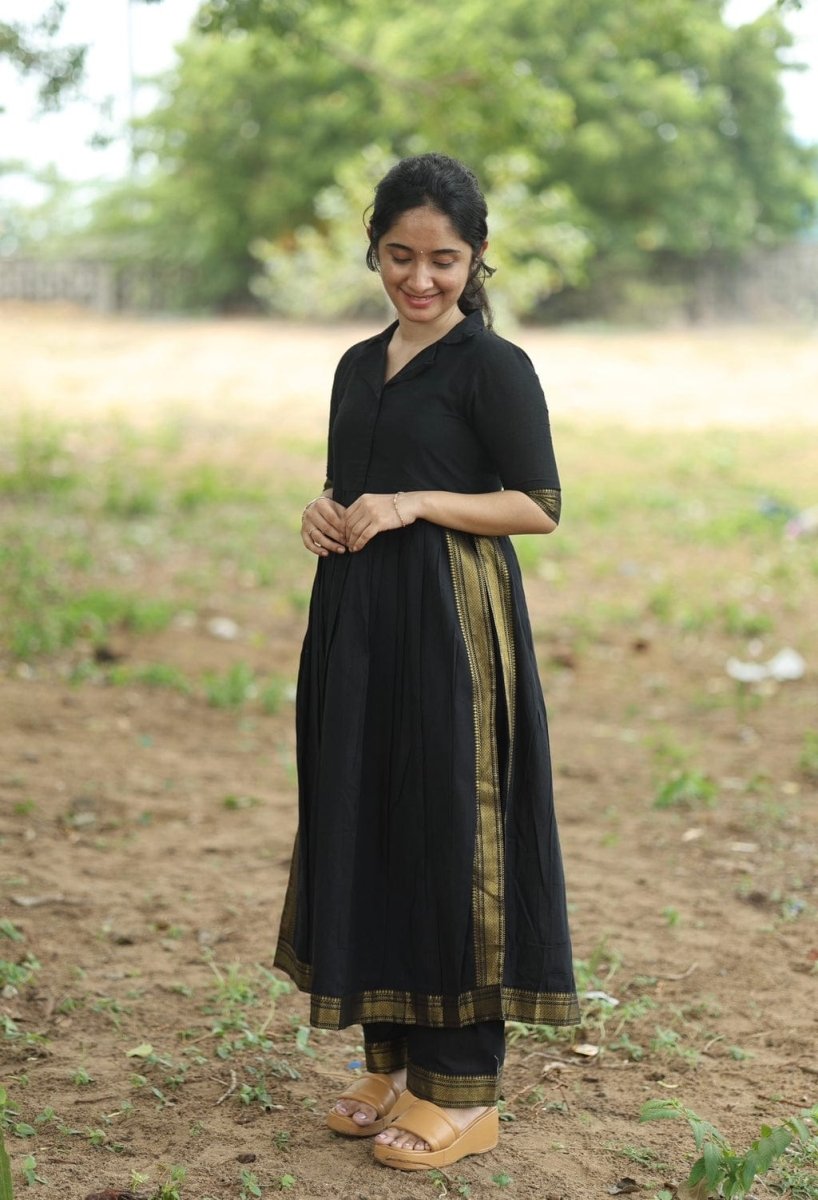 Tanvi Kurti Black Cotton Silk Saree with Kalamkari Print Pallu Dupatta Set - Tanvi Kurti