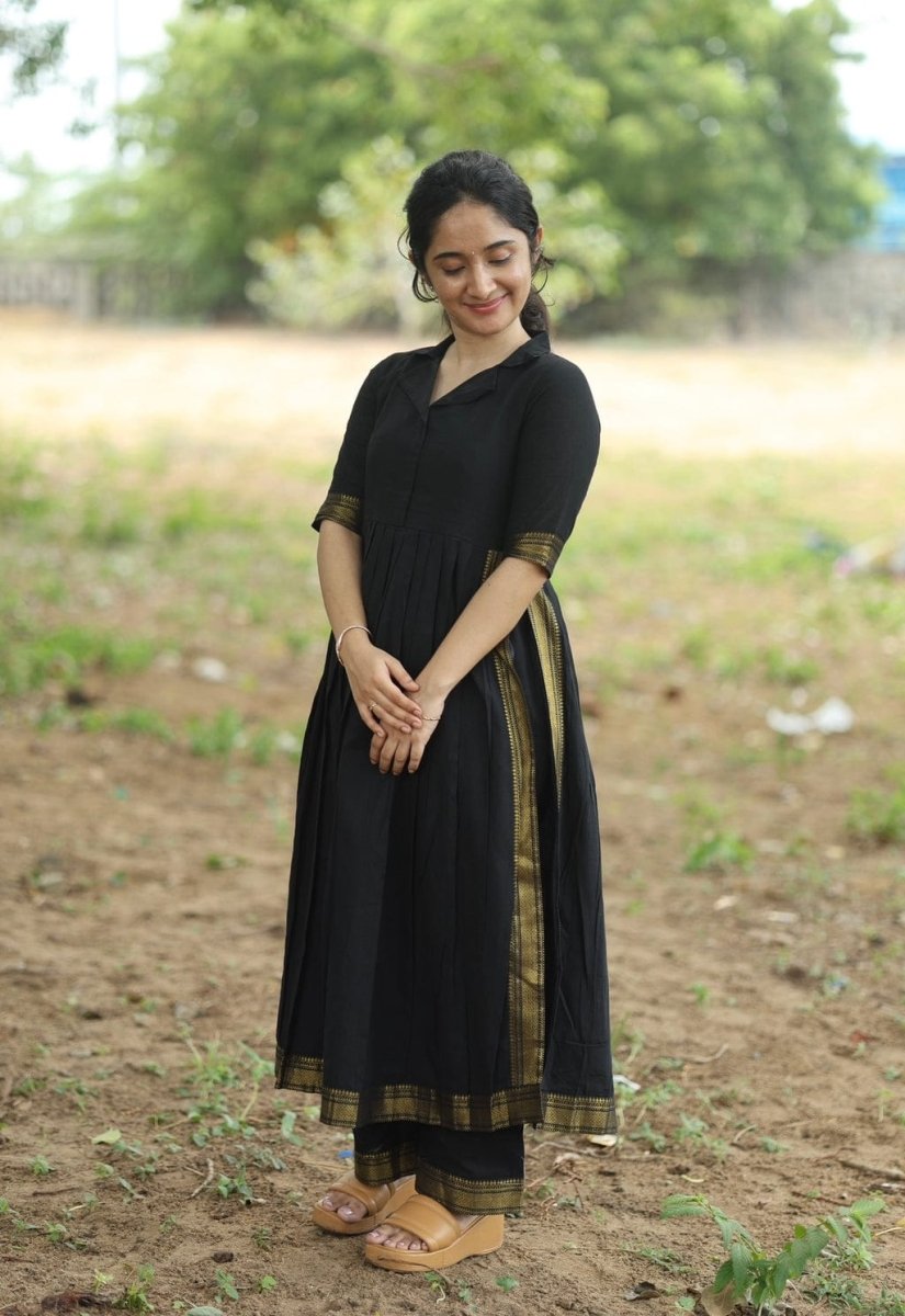 Tanvi Kurti Black Cotton Silk Saree with Kalamkari Print Pallu Dupatta Set - Tanvi Kurti