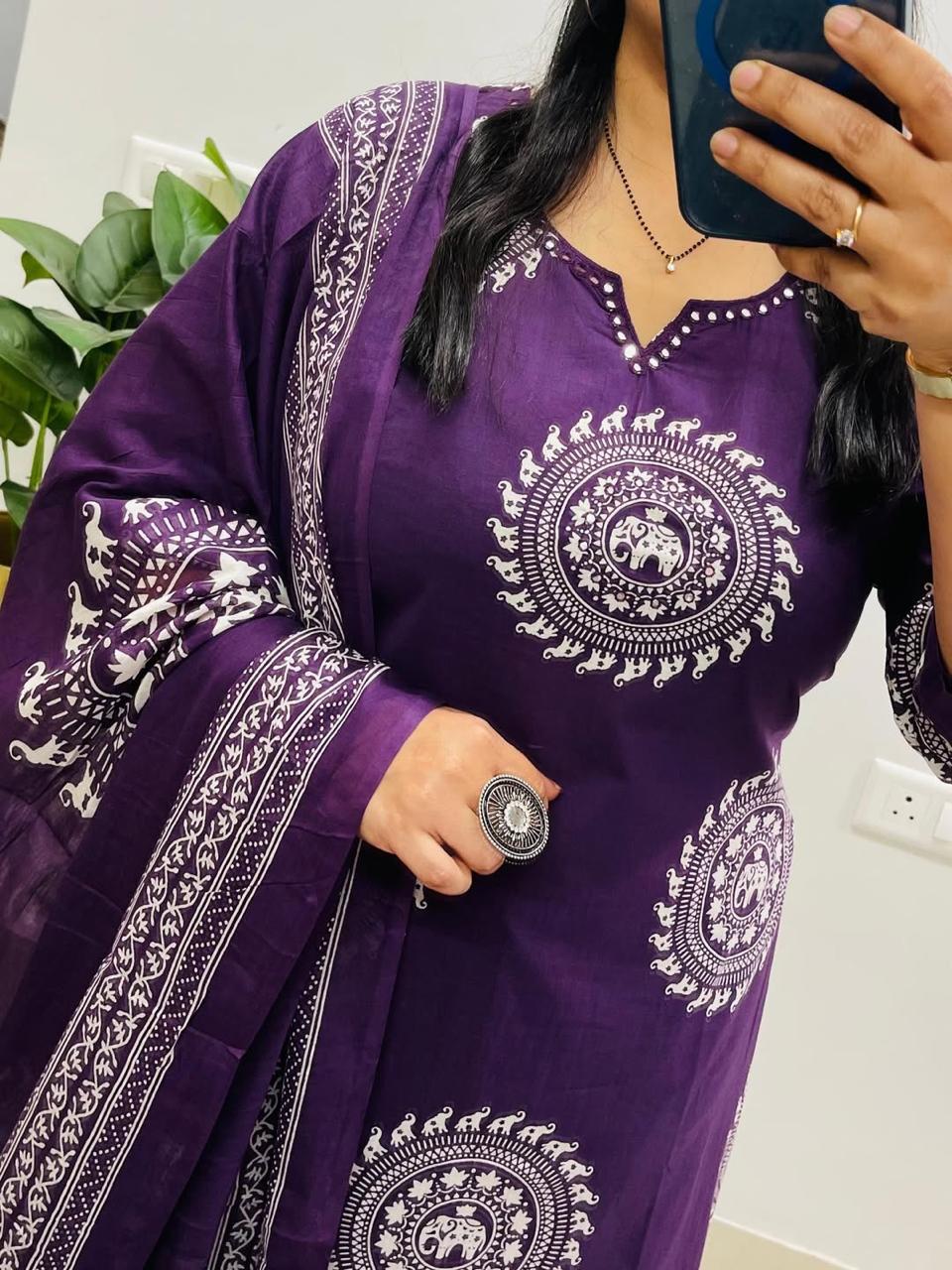 Tanvi Kurt Purple Elephant Motif Dupatta Set - Tanvi Kurti