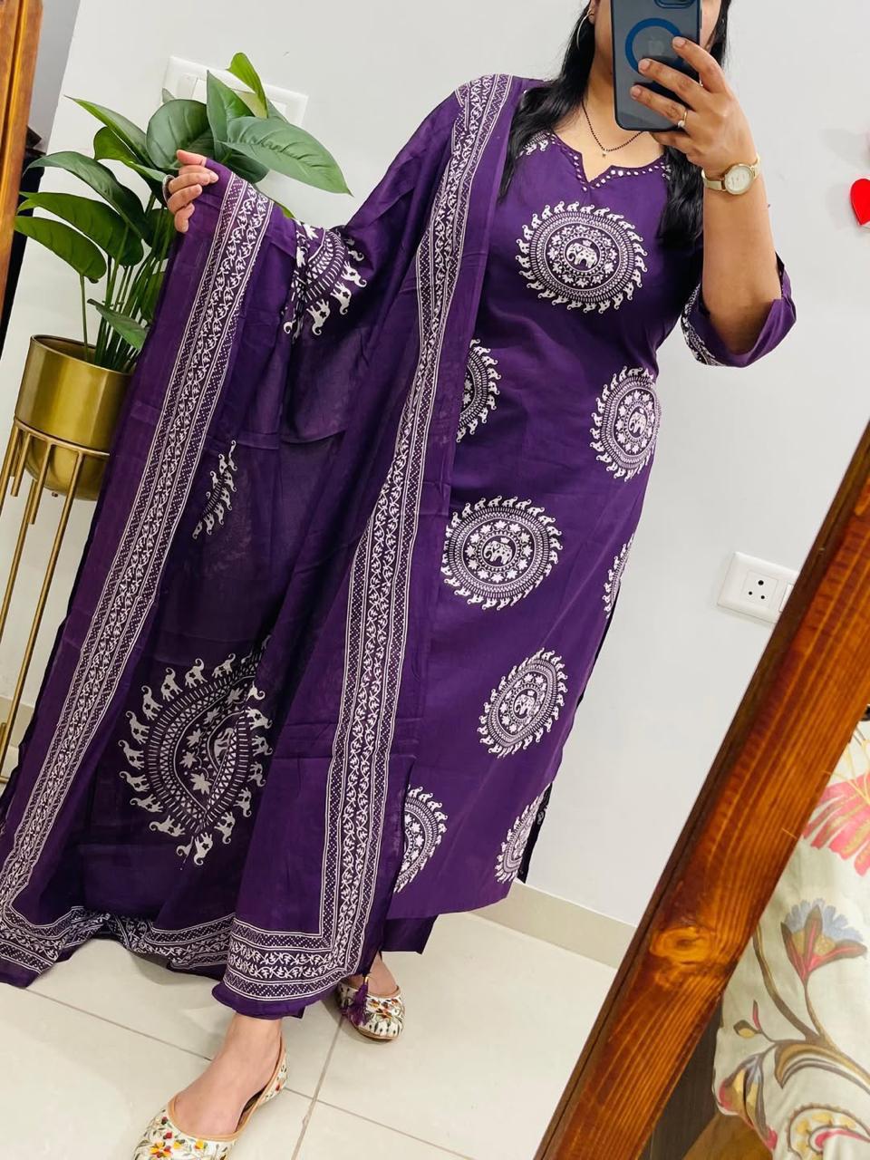 Tanvi Kurt Purple Elephant Motif Dupatta Set - Tanvi Kurti