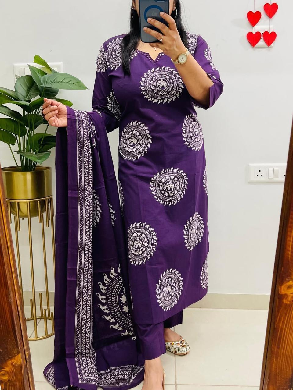 Tanvi Kurt Purple Elephant Motif Dupatta Set - Tanvi Kurti