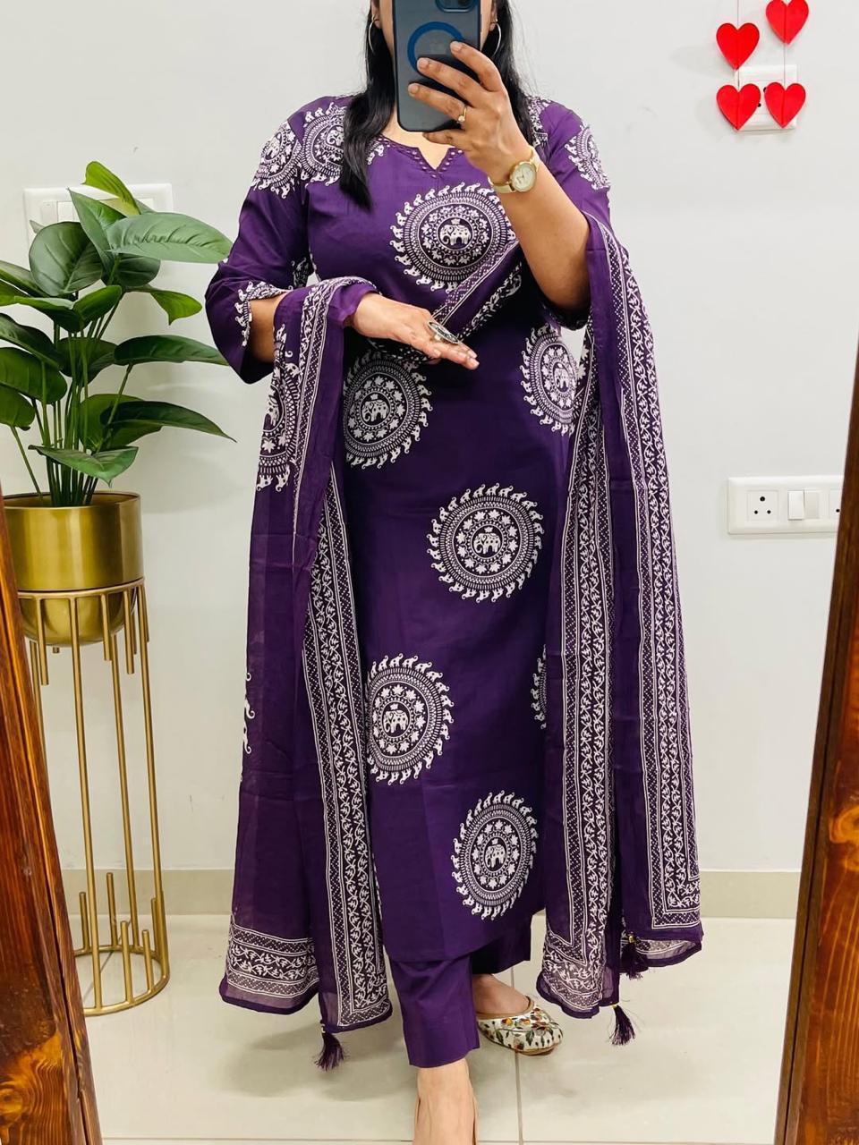 Tanvi Kurt Purple Elephant Motif Dupatta Set - Tanvi Kurti