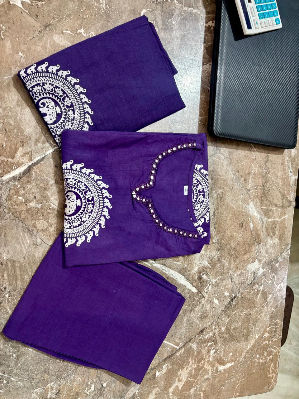 Tanvi Kurt Purple Elephant Motif Dupatta Set - Tanvi Kurti