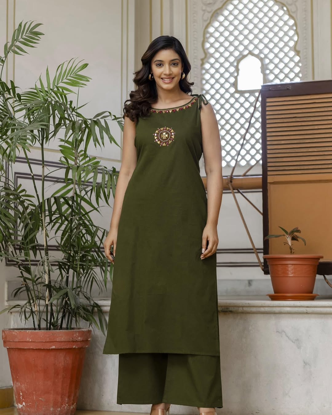 Tanvi Kurti Olive Green Sleeveless Embellished Kurta Set - Tanvi Kurti
