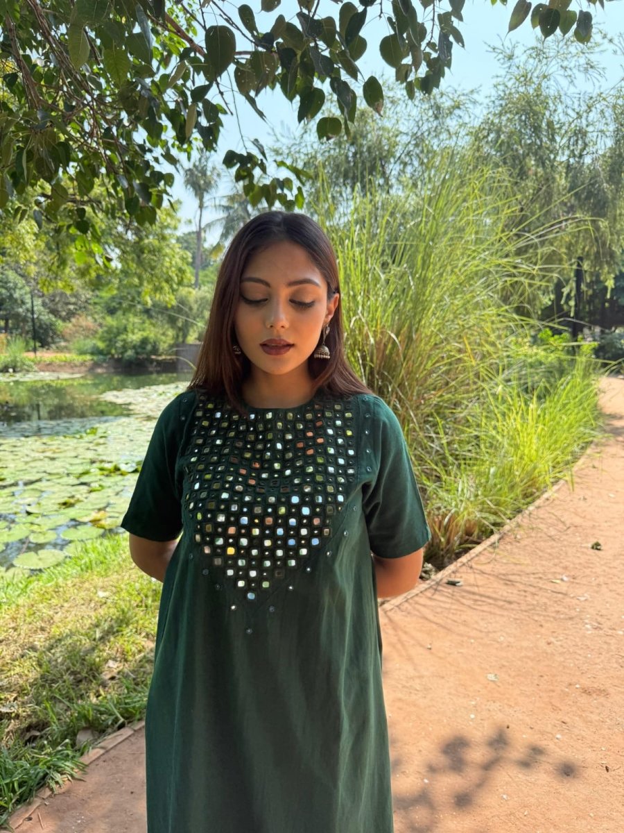 Tanvi Kurti Bottle Green Mirror Work Kurta Set - Tanvi Kurti