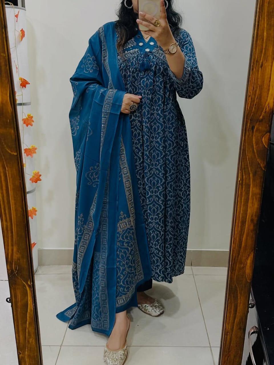 Tanvi Kurti Teal Blue Traditional Printed Dupatta Set - Tanvi Kurti