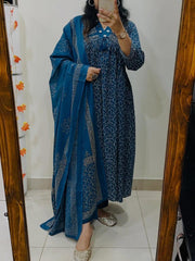 Tanvi Kurti Teal Blue Traditional Printed Dupatta Set - Tanvi Kurti
