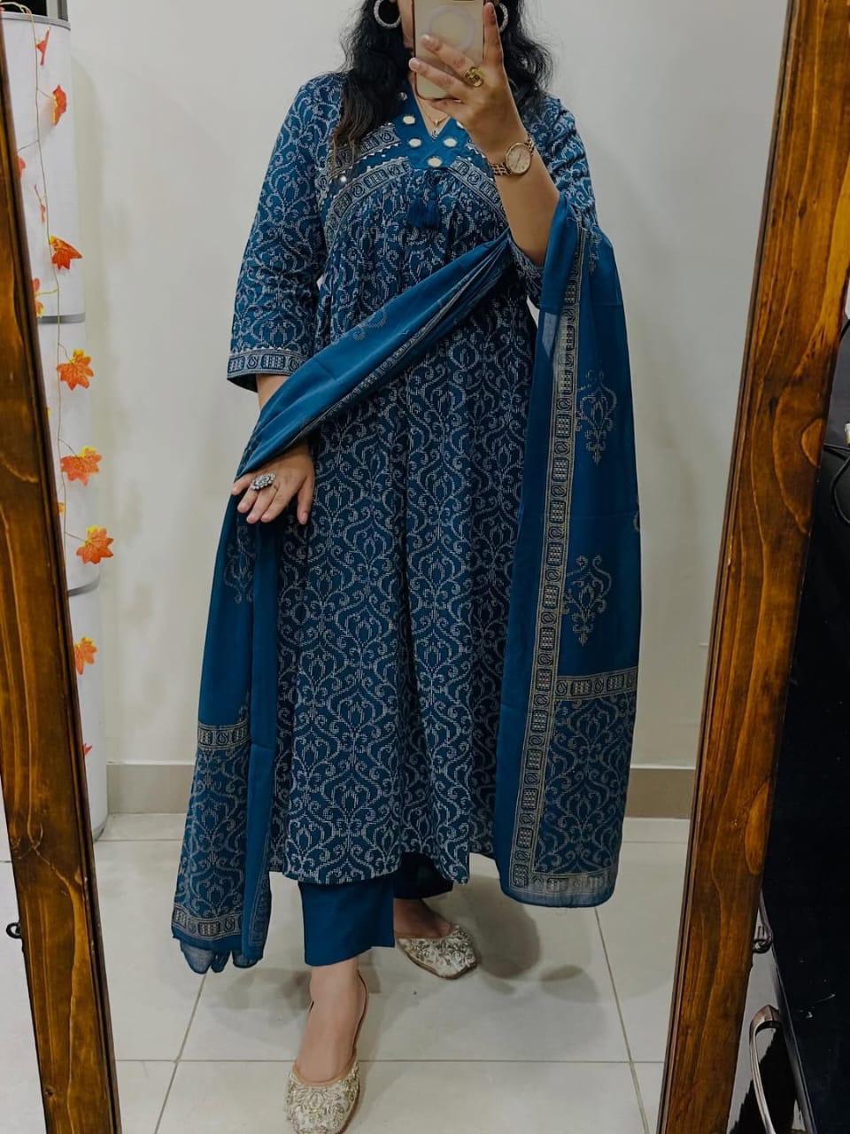 Tanvi Kurti Teal Blue Traditional Printed Dupatta Set - Tanvi Kurti