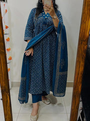 Tanvi Kurti Teal Blue Traditional Printed Dupatta Set - Tanvi Kurti