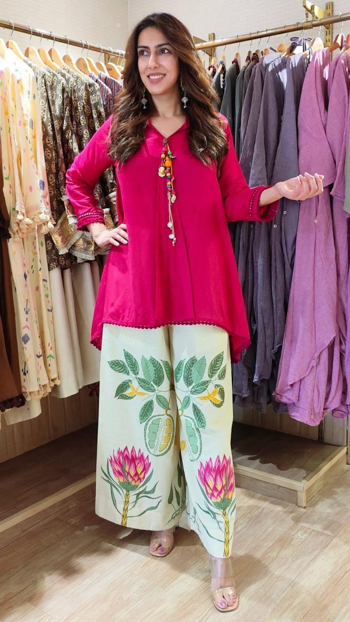 Tanvi Kurti Vibrant Rani Colour Short Kurti & Botanical Palazzo Co - ord Set - Tanvi Kurti