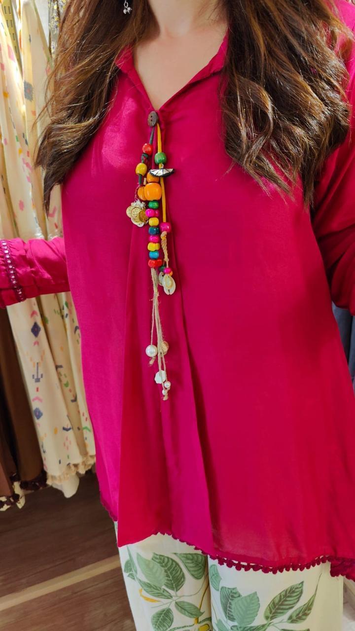 Tanvi Kurti Vibrant Rani Colour Short Kurti & Botanical Palazzo Co - ord Set - Tanvi Kurti