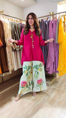 Tanvi Kurti Vibrant Rani Colour Short Kurti & Botanical Palazzo Co - ord Set - Tanvi Kurti