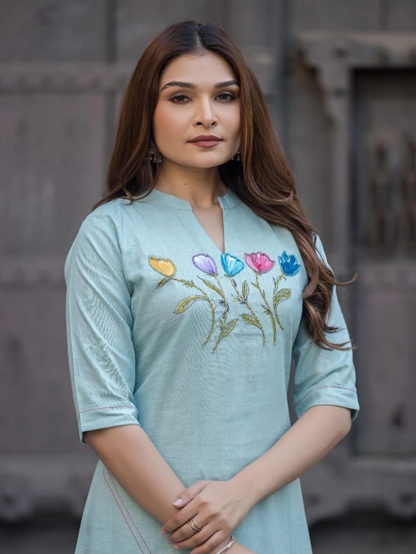 Tanvi Kurti Classic Blue Straight Kurti & Palazzo Co - ord Set - Tanvi Kurti