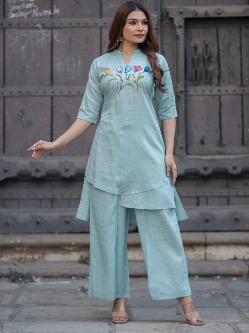 Tanvi Kurti Classic Blue Straight Kurti & Palazzo Co - ord Set - Tanvi Kurti