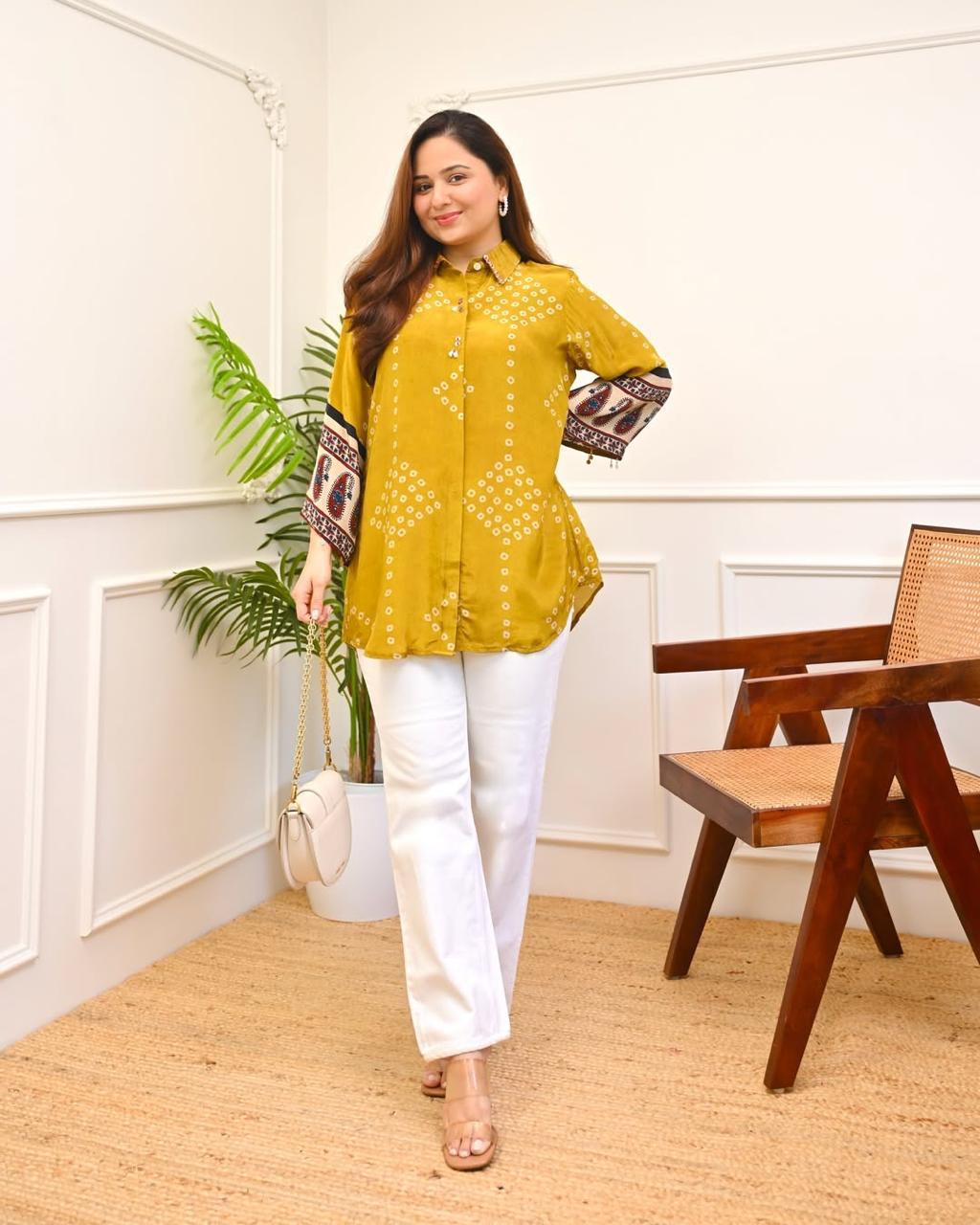 Mustard Bandhani Print Cotton Shirt Tunic