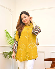 Mustard Bandhani Print Cotton Shirt Tunic