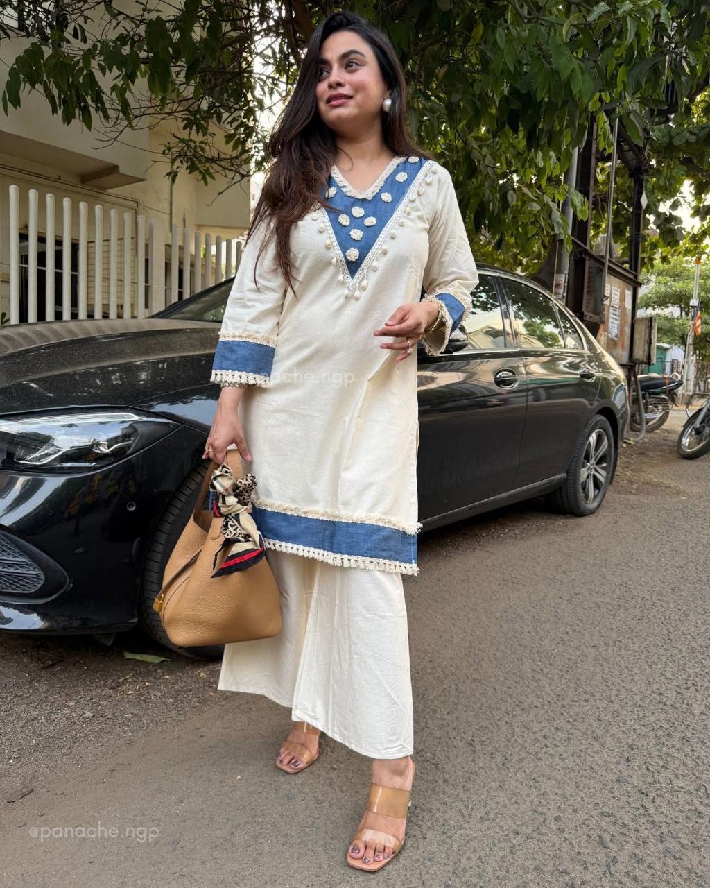 Tanvi Kurti Ivory Blue Embroidered Kurta Set
