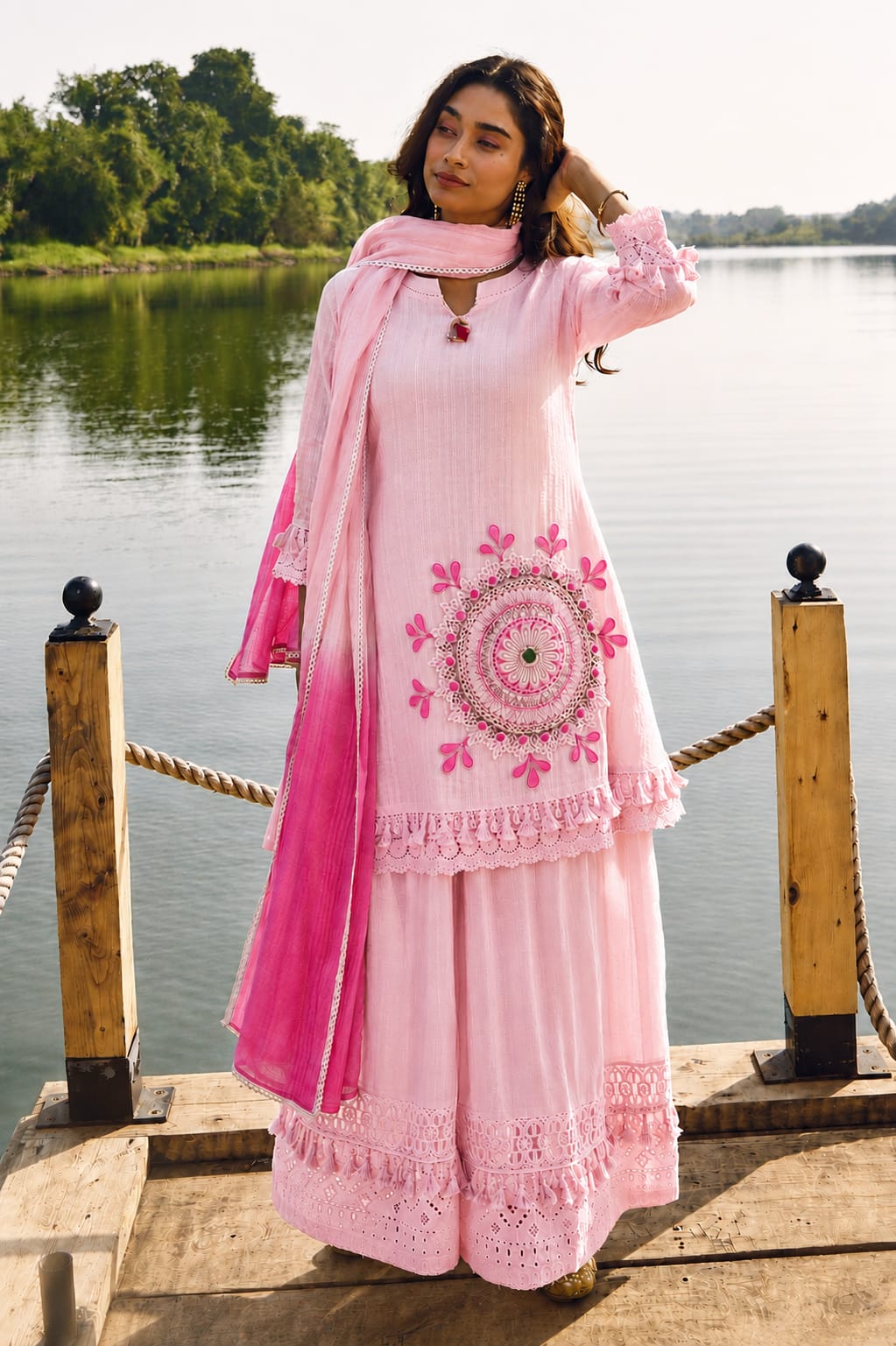 Tanvi Kurti Embroidered Shifli Cotton Kurta Pant Set with Lahariya Dupatta